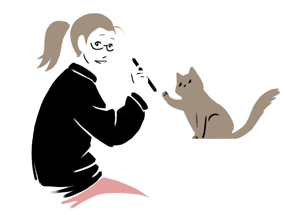 Piirroskuva tekijästä kissoineen - Drawn illustration of the artist with her cat